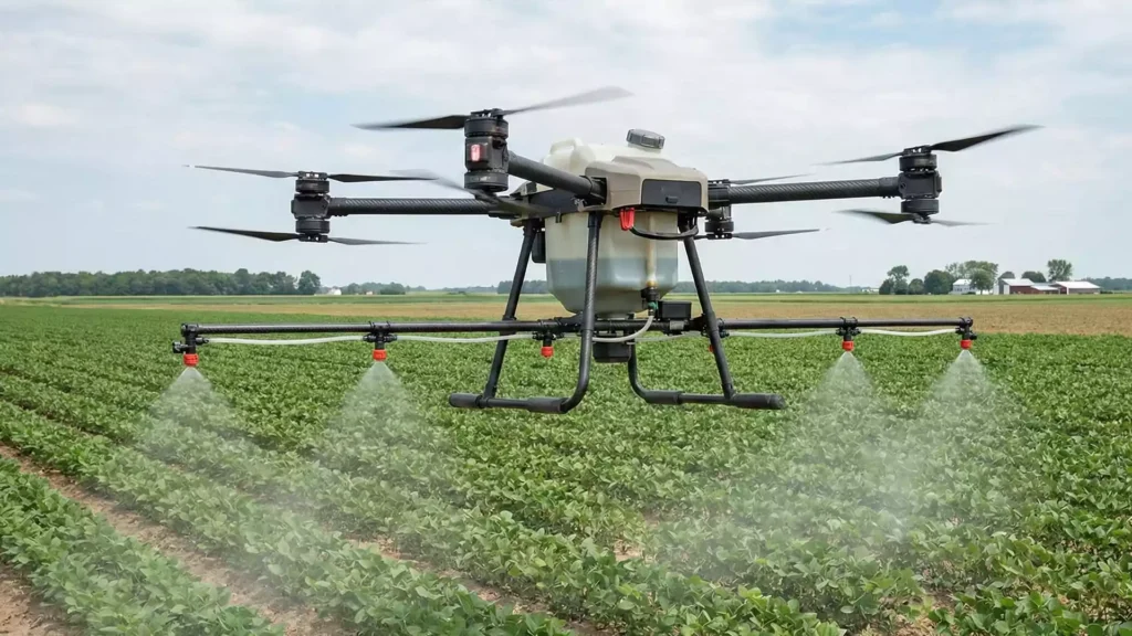 a Precision drone crop-spraying and hovering over a large field