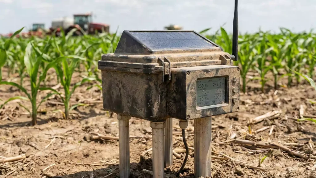 an IoT crop monitoring sensor tracking field data